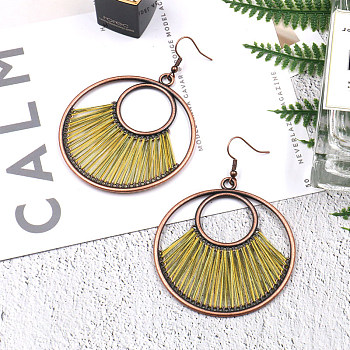Creative Design Alloy Dangle Earrings, with Yarn, Flat Round, Red Copper, Yellow, 75x55mm
