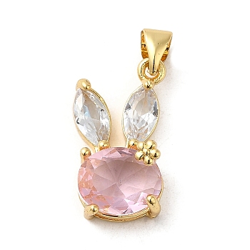 Rack Plating Brass Micro Pave Cubic Zirconia Pendants, Cadmium Free & Lead Free, Long-Lasting Plated, Real 18K Gold Plated, Rabbit, Pink, 20x11x7mm, Hole: 5x3.5mm
