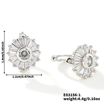 Luxury Flat Round Brass Stud Earrings, with Exquisite Design Rhinestone, Silver, 14x12mm