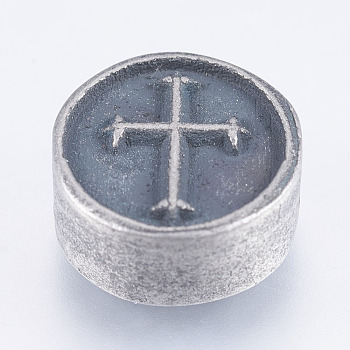 304 Stainless Steel Beads, Flat Round with Cross, Antique Silver, 10.5x5mm, Hole: 2mm
