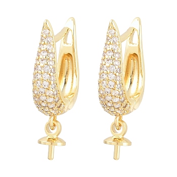 Brass Micro Pave Clear Cubic Zirconia Hoop Earring Findings, Latch Back, for Half Drilled Beads, Cadmium Free & Lead Free, Long-Lasting Plated, Rack Plating, Real 18K Gold Plated, 25.5mm, Pin: 0.8mm