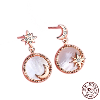Natural Shell Moon & Star Asymmetrical Earrings with Clear Cubic Zirconia, 925 Sterling Silver Dangle Stud Earrings for Women, Golden, 32x20mm