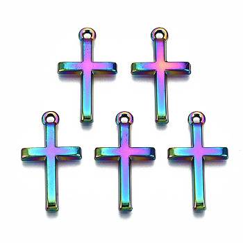 Rainbow Color Alloy Tiny Cross Charms, Cadmium Free & Lead Free, 24x14x2mm, Hole: 1.6mm