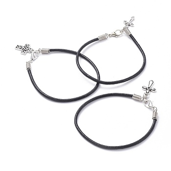 Unisex Charm Bracelets, with Cowhide Leather Cord, Alloy Pendants and Lobster Claw Clasps, Cross, Black, 8-1/8 inch(20.5cm)