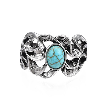 Gothic Punk Skull Alloy Open Cuff Ring with Oval Synthetic Turquoise for Men Women, Cadmium Free & Lead Free, Antique Silver, Medium Turquoise, US Size 8 3/4(18.7mm)