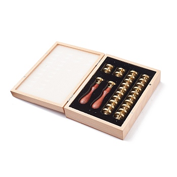 (Defective Closeout Sale: Oxidation) Wax Seal Stamp Set, Including 26Pcs 26 Styles Brass Wax Seal Stamp Heads and 2Pcs Wood Handles, with Wooden Magnetic Box, Letter A~Z, Golden, Box: 195x149x54mm, Stamp Heads: about 25.5x14.5mm, hole: 7mm, 1pc/style