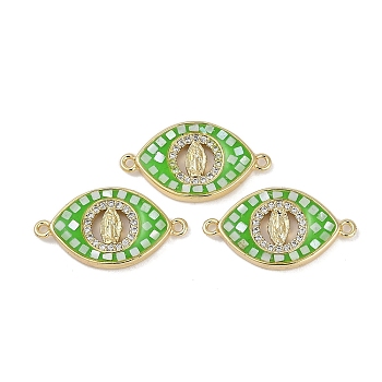 Rack Plating Brass Micro Pave Clear Cubic Zirconia Horse Eye Connector Charms, Virgin Mary Links with Enamel and Shell, Real 18K Gold Plated, Long-Lasting Plated, Lead Free & Cadmium Free, Lime Green, 12.5x23.5x2.5mm, Hole: 1.2mm