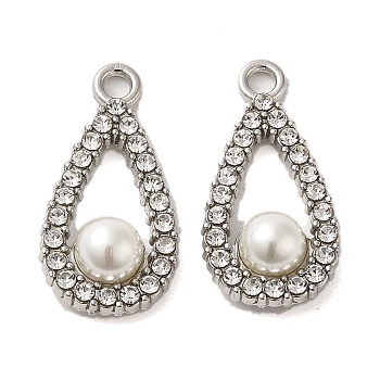 Alloy with Rhinestone Pendants, with ABS Imitation Pearl, Teardrop Charms, Platinum, 25x12x6.5mm, Hole: 2.2mm
