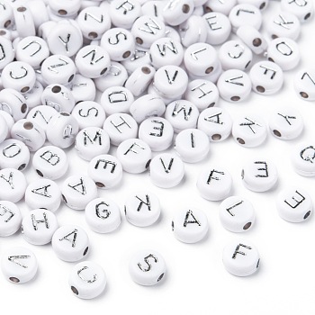 Plating Acrylic Beads, Metal Enlaced, Horizontal Hole, Mixed Letters, Flat Round, Silver Plated, 7x4mm, Hole: 1.8mm