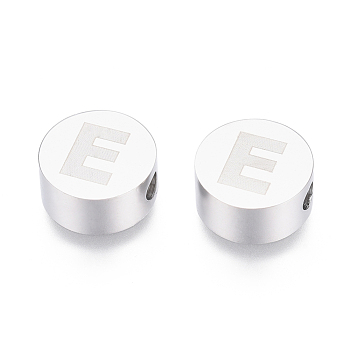 304 Stainless Steel Beads, Flat Round with Letter, Letter.E, 10x4.5mm, Hole: 2mm