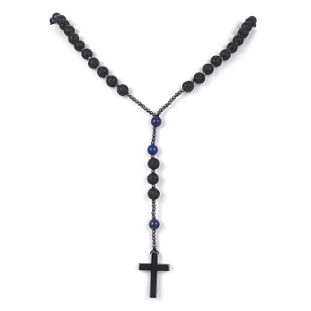 Natural Lapis Lazuli & Lava Rock & Synthetic Hematite Rosary Bead Necklaces, Cross Pendant Necklace, 28.74 inch(73cm)