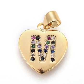 Brass Micro Pave Cubic Zirconia Pendants, Heart with Letter, Colorful, Letter.M, 17x15x1.5mm, Hole: 3.5x4.5mm