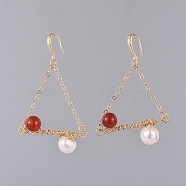 Triangle Dangle Earrings, with Natural Pearl & Red Agate/Carnelian Beads, Brass Earring Hooks and Cable Chains, with Cardboard Packing Box, 62mm, Pin: 0.6x0.8mm(EJEW-JE03984-03)