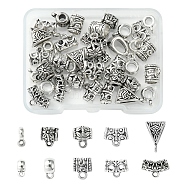 40Pcs 10 Styles Tibetan Style Alloy & CCB Plastic Tube Bails, Loop Bails, Mixed Shapes, Antique Silver, 6.5~15x6~14x2~7.5mm, Hole: 1.5~2.5mm, Inner Diameter: 3~5mm, 4pcs/style(FIND-FS0002-41)