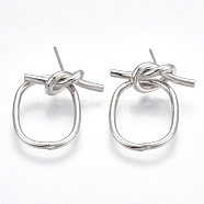 Brass Stud Earrings, Oval with Knot, Nickel Free, Real Platinum Plated, 25x19.5mm, Pin: 0.8mm(KK-T038-316P)