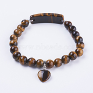 Natural Tiger Eye Stretch Bracelets, with Alloy Findings, Heart, 2-3/8 inch(61mm)(BJEW-F308-34E)