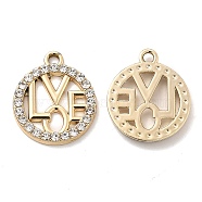 UV Plating Alloy Pendants, with Crystal Rhinestone, Flat Round with Word Love Charms, Golden, 19x16x2mm, Hole: 2x1.7mm(ALRI-M020-32G)