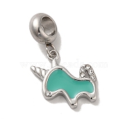 304 Stainless Steel Enamel European Dangle Charms, Large Hole Pendants with Crystal Rhinestone, Unicorn, Stainless Steel Color, Light Sea Green, 26mm, Pendant: 15x16x2.5mm, Hole: 4.5mm(STAS-G308-35P-02)