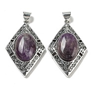 Natural Amethyst Big Pendants, Antique Silver Plated Alloy Rhombus Charms, 52x33.5x12mm, Hole: 7.5x5.5mm(G-Z050-08B)