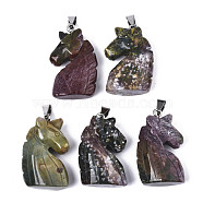 Carved Natural Indian Agate Pendants, with Stainless Steel Bails, Unicorn, Stainless Steel Color, 38~41x11~14x24~25mm, Hole: 9x4mm(G-N0327-002B)