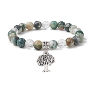 Natural Tree Agate Round Bead Stretch Bracelets, Tree of Life Alloy Charm Bracelets for Women, Inner Diameter: 2-1/4 inch(5.6cm)(BJEW-JB09872-02)