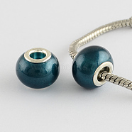 Spray Painted Glass European Beads, with Brass Silver Cores, Large Hole Beads, Rondelle, Steel Blue, 15x12mm, Hole: 5mm(GPDL-R001-15S)