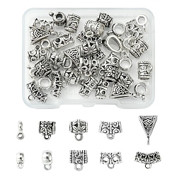 40Pcs 10 Styles Tibetan Style Alloy & CCB Plastic Tube Bails, Loop Bails, Mixed Shapes, Antique Silver, 6.5~15x6~14x2~7.5mm, Hole: 1.5~2.5mm, Inner Diameter: 3~5mm, 4pcs/style(FIND-FS0002-41)