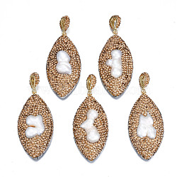 Natural Freshwater Pearl Big Pendants, with Polymer Clay Light Colorado Topaz Rhinestone, Alloy Clasp and PU Leather Back, Cadmium Free & Lead Free, Horse Eye, Mint Cream, PP13(1.9~2mm)60~61x30x11~13mm, Hole: 5.5x9mm(RB-S056-25-RS)