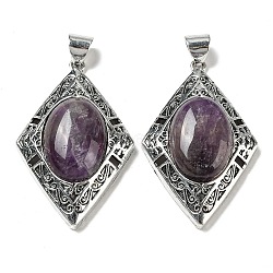 Natural Amethyst Big Pendants, Antique Silver Plated Alloy Rhombus Charms, 52x33.5x12mm, Hole: 7.5x5.5mm(G-Z050-08B)