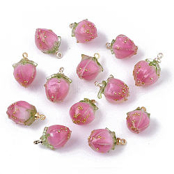 Handmade Flower Epoxy Resin Pendants, with Brass Peg Bails and Glass Micro Beads, Bud, Golden, Hot Pink, 14~15x9~10x9~10mm, Hole: 1.2mm(KY-S163-103C)