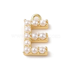 Plastic Imitation Pearl Pendants, with Brass Findings, Golden, Letter E, 14x7x3mm, Hole: 1.3~1.4mm(KK-P230-17G-E)