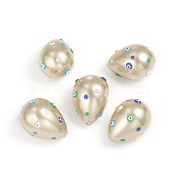 Paint Sprayed Shell Pearl Beads, with Enamel, Polished, teardrop, with Evil Eye, Navajo White, 20.5~21.5x15~16mm, Hole: 1mm(BSHE-I010-08D)