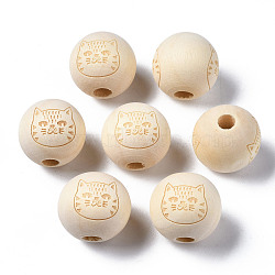 Unfinished Natural Wood European Beads, Large Hole Beads, Laser Engraved Pattern, Round with Cat, Old Lace, 15~16x14~15mm, Hole: 4mm(WOOD-S045-152)