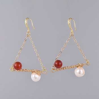 Triangle Dangle Earrings, with Natural Pearl & Red Agate/Carnelian Beads, Brass Earring Hooks and Cable Chains, with Cardboard Packing Box, 62mm, Pin: 0.6x0.8mm