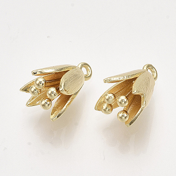 Brass Charms, Nickel Free, Flower, Real 18K Gold Plated, 14x9x10mm, Hole: 1.2mm