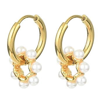 Brass Flower with Plastic Pearls Beaded Dangle Hoop Earrings, 304 Stainless Steel Jewelry, Golden, 20x14mm