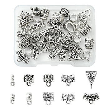 40Pcs 10 Styles Tibetan Style Alloy & CCB Plastic Tube Bails, Loop Bails, Mixed Shapes, Antique Silver, 6.5~15x6~14x2~7.5mm, Hole: 1.5~2.5mm, Inner Diameter: 3~5mm, 4pcs/style