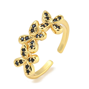 Flower Rack Plating Brass Micro Pave Cubic Zirconia Open Cuff Rings for Women, Cadmium Free & Lead Free, Long-Lasting Plated, Real 18K Gold Plated, Black, Flower: 9.8x20.5mm, Adjustable