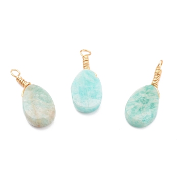 Natural Amazonite Pendants, with Golden Tone Copper Wire Findings, Oval, 20~22x8.5x4~4.5mm, Hole: 1.5mm