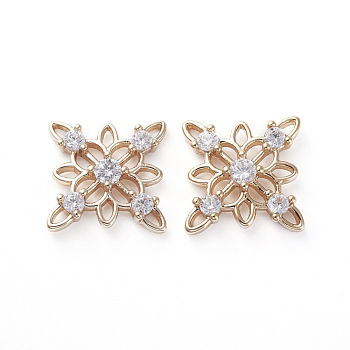 Brass Cubic Zirconia Filigree Joiners, Real 18K Gold Plated, Flower, Clear, 15x15x2.5mm, Hole: 0.9mm