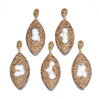 Natural Freshwater Pearl Big Pendants, with Polymer Clay Light Colorado Topaz Rhinestone, Alloy Clasp and PU Leather Back, Cadmium Free & Lead Free, Horse Eye, Mint Cream, PP13(1.9~2mm)60~61x30x11~13mm, Hole: 5.5x9mm