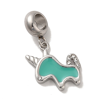 304 Stainless Steel Enamel European Dangle Charms, Large Hole Pendants with Crystal Rhinestone, Unicorn, Stainless Steel Color, Light Sea Green, 26mm, Pendant: 15x16x2.5mm, Hole: 4.5mm