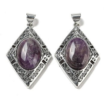 Natural Amethyst Big Pendants, Antique Silver Plated Alloy Rhombus Charms, 52x33.5x12mm, Hole: 7.5x5.5mm