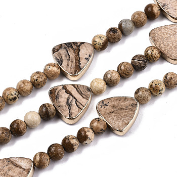 Natural Picture Jasper Strands, with Light Gold Brass Edge, Triangle & Round, 6.5mm, Hole: 1.2mm, Triangle: 16.5x17.5x4mm, Hole: 1.2mm, about 23pcs/strand, 6.69 inch(17cm)