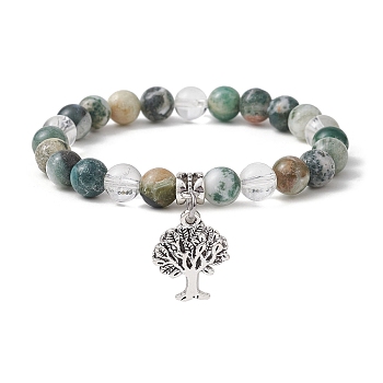 Natural Tree Agate Round Bead Stretch Bracelets, Tree of Life Alloy Charm Bracelets for Women, Inner Diameter: 2-1/4 inch(5.6cm)