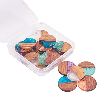 Transparent Resin & Walnut Wood Pendants, with Glitter Paillettes/Gold Foil, Gap Flat Round, Mixed Color, 23x24.5x3mm, Hole: 2mm, 4pcs/color, 5 colors, 20pcs/box