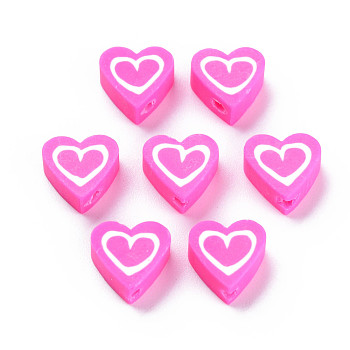 Handmade Polymer Clay Beads, Heart, Deep Pink, 8.5~9x8.5~10x4mm, Hole: 1.4~1.6mm