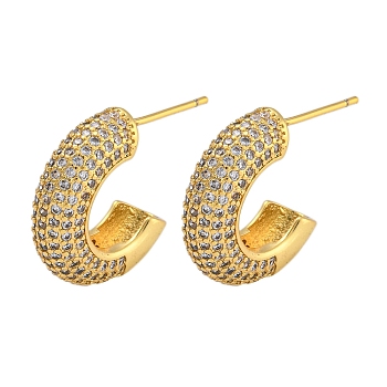 Rack Plating C-Shaped Brass Micro Pave Clear Cubic Zirconia Stud Earrings, Long-Lasting Plated, Cadmium Free & Lead Free, Real 18K Gold Plated, 17.5x5.5mm