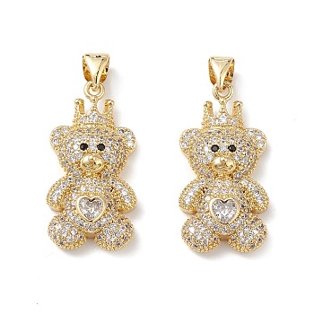 Brass Micro Pave Cubic Zirconia Pendants, Real 16K Gold Plated, Bear Charms, Clear, 25x12.5x5mm, Hole: 5x3.5mm