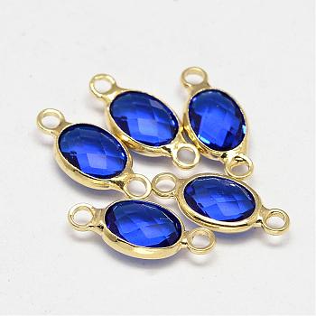 Oval Faceted Golden Brass Glass Links connectors, Blue, 15x7x3.2mm, Hole: 1mm